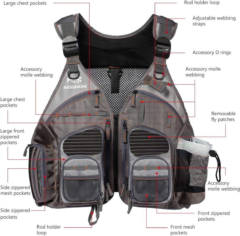 BASSDASH Strap Fishing Vest Adjustable for Men and Women, for Fly Bass Fishing and Outdoor Activities