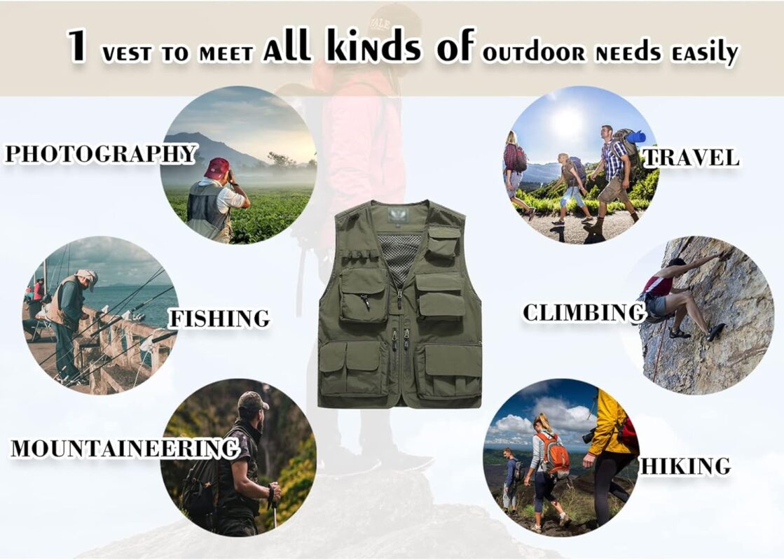 Flygo Mens Casual Outdoor Work Safari Fishing Travel Photo Cargo Vest Jacket Multi Pockets