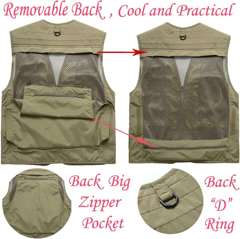 Flygo Mens Casual Outdoor Work Safari Fishing Travel Photo Cargo Vest Jacket Multi Pockets