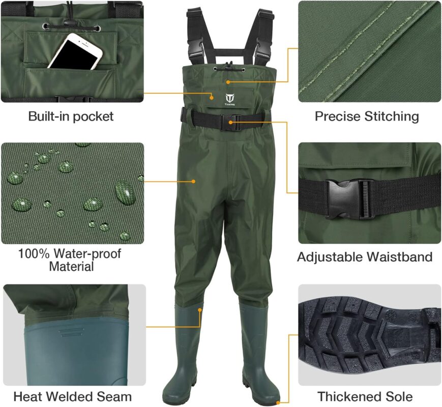 TIDEWE Bootfoot Chest Wader, 2-Ply Nylon/PVC Waterproof Fishing Hunting Waders with Boot Hanger for Men and Women (Green and Brown)