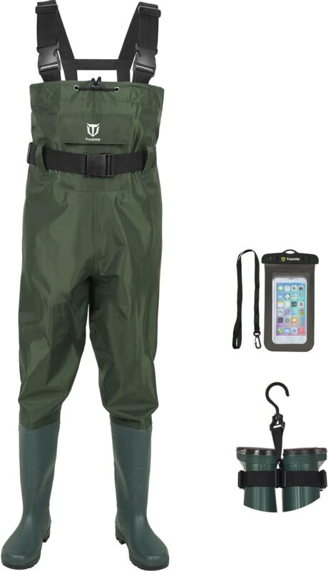 TIDEWE Bootfoot Chest Wader, 2-Ply Nylon/PVC Waterproof Fishing Hunting Waders with Boot Hanger for Men and Women (Green and Brown)