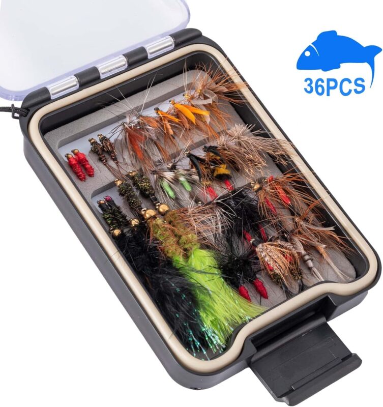 Ansnbo 36PCS Fly Fishing Flies Kit, Hand Tied Trout Bass Fly Assortment with Fly Box, Dry Wet Nymph Flies Streamers Fly Fishing Gear Gift