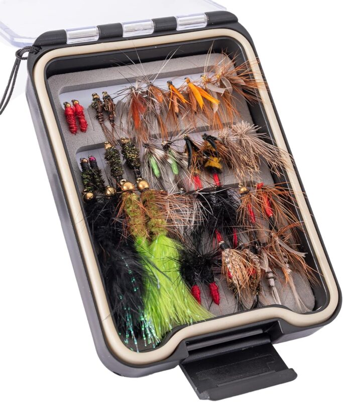 Ansnbo 36PCS Fly Fishing Flies Kit, Hand Tied Trout Bass Fly Assortment with Fly Box, Dry Wet Nymph Flies Streamers Fly Fishing Gear Gift