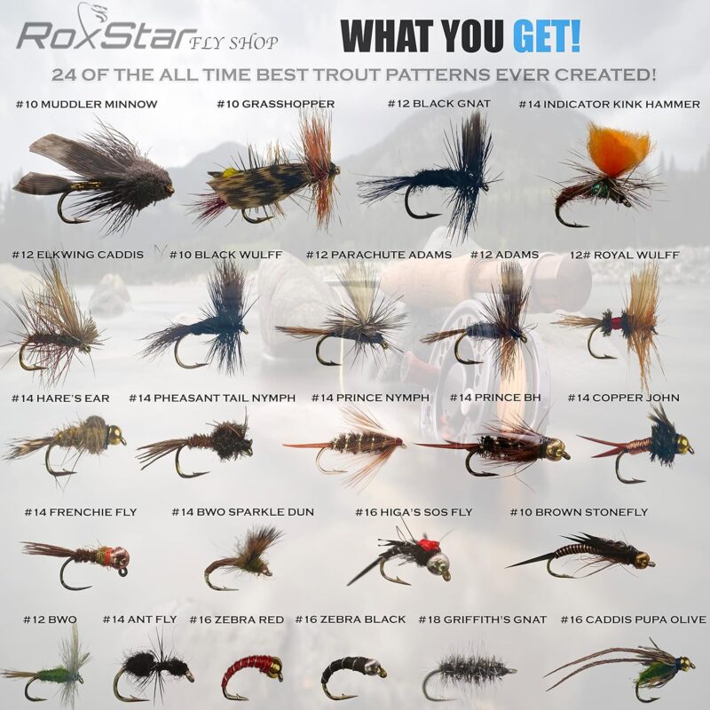 RoxStar Fly Shop Trophy Trout 24pk | Top Wet  Dry Flies for Trout. | Trout Flies Proven Nationwide to Catch Fish! | Tied in-House Never Outsourced! Proud Partner of Trout Unlimited