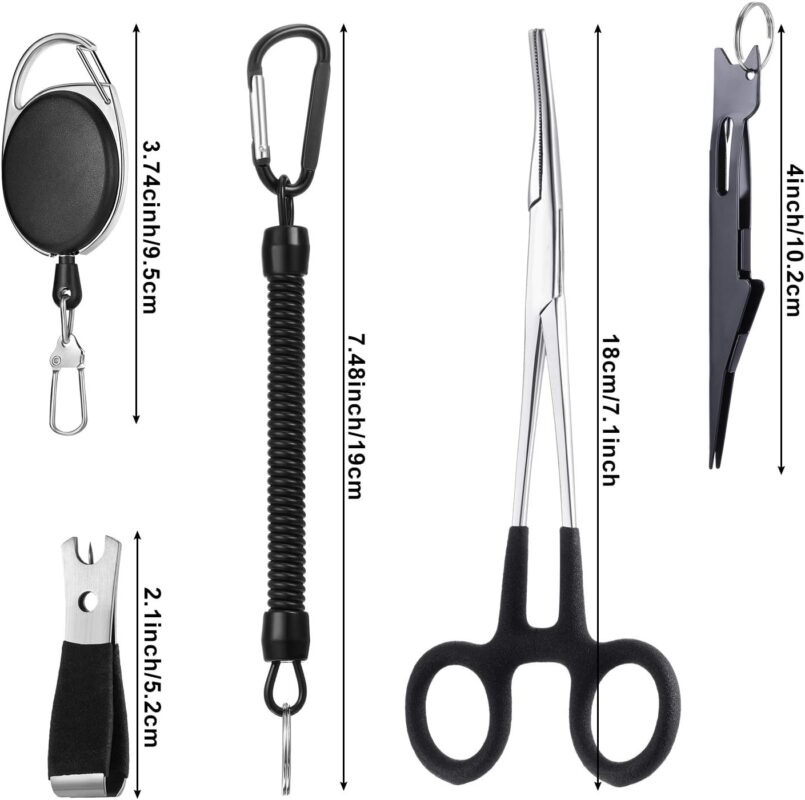 Skylety 8 Pieces Fly Fishing Tools Accessories Include 4 in 1 Fly Line Clipper Black Knot Tyer Fishing Line Nipper Fishing Hook Remover Forcep Retractors Keychains and Fishing Lanyard for Anglers