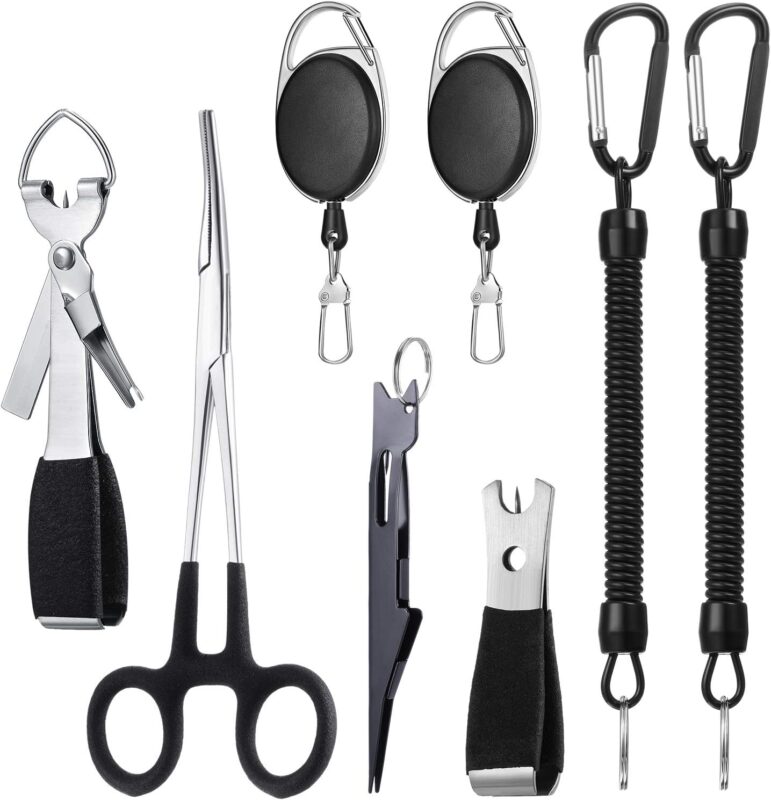 Skylety 8 Pieces Fly Fishing Tools Accessories Include 4 in 1 Fly Line Clipper Black Knot Tyer Fishing Line Nipper Fishing Hook Remover Forcep Retractors Keychains and Fishing Lanyard for Anglers