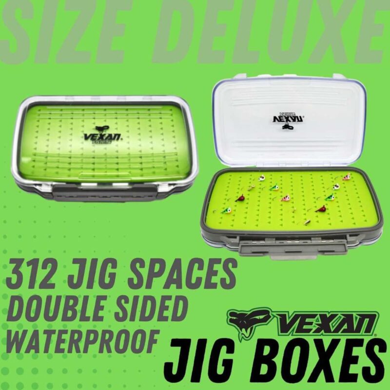 Vexan Double-Sided Ice Fishing Jig Box with Silicone Insert for Bluegills, Crappie, Jumbo Perch, Pike, Walleye, and More, Deluxe - 312 Jig Spaces