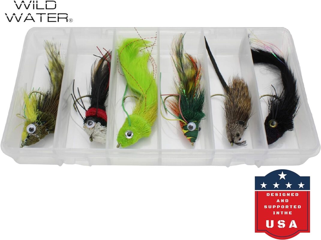 Wild Water Fly Fishing 6 Top Water Deer Hair Fly Assortment with Large Section Clear Fly Box for Bass, Trout, Pike