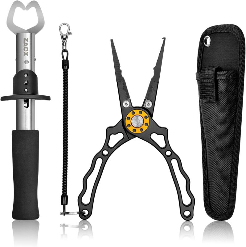 ZACX Fishing Pliers, Fish Lip Gripper Upgraded Muti-Function Fishing Pliers Hook Remover Split Ring for Fly Fishing,Ice Fishing,Fishing Gear,Fishing Gifts for Men (Package B)