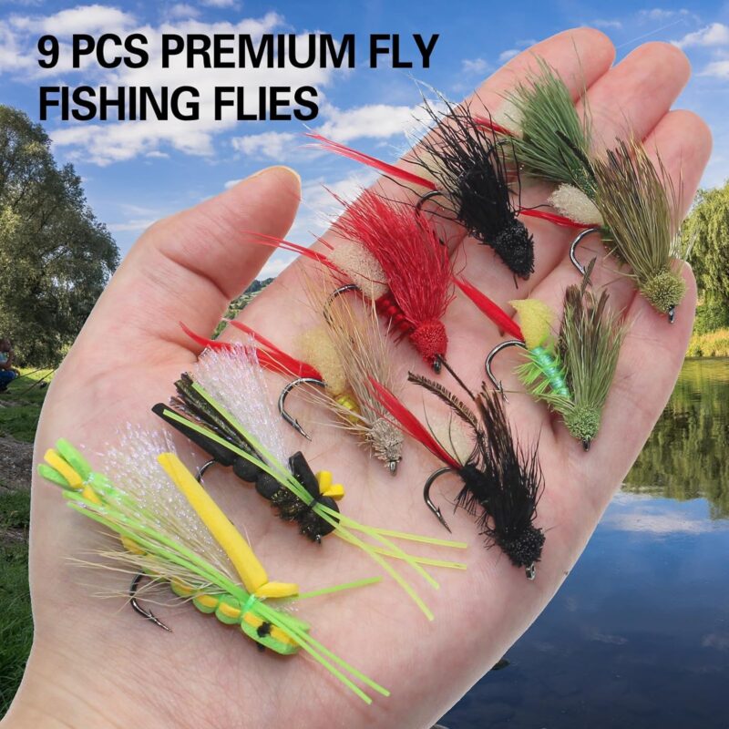 DEILAI Fly Fishing Flies Assortment with Hooks Wet Dry Flies Lures Set Kit Gift with Waterproof Fly Box Topwater Flies for Trout Bass Salmon Panfish Bluegill Crappie Popping Bug Sunfish