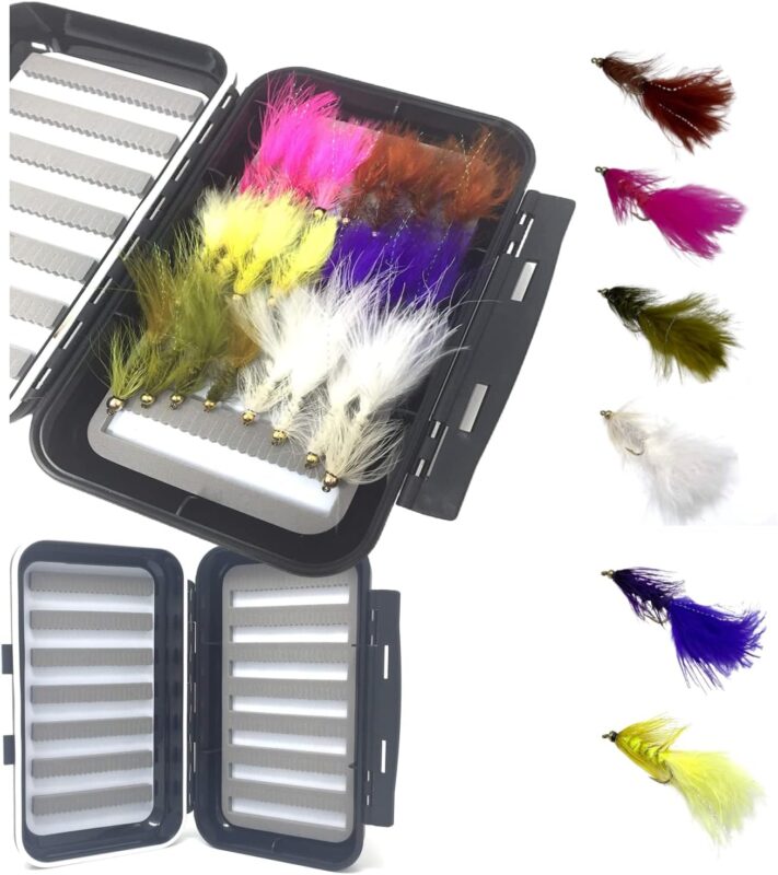 Fly Fishing Assortment - Bead Head Wooly Bugger - 24 Flies with Large Waterproof Fly Box for Trout and Other Freshwater Fish - 6 Color Variety of Yellow, White, Brown, Olive, Purple,Pink Plus Flash