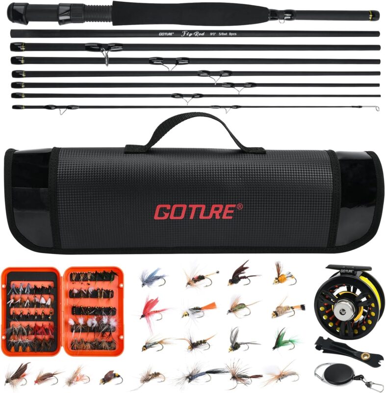 Goture Fly Fishing Rod and Reel Combo 8-Sections Fly Fishing Rod,60/80 Pcs Fishing Flies,Aluminum Fly Reel with Fishing Lines,Waterproof and Portable Bag