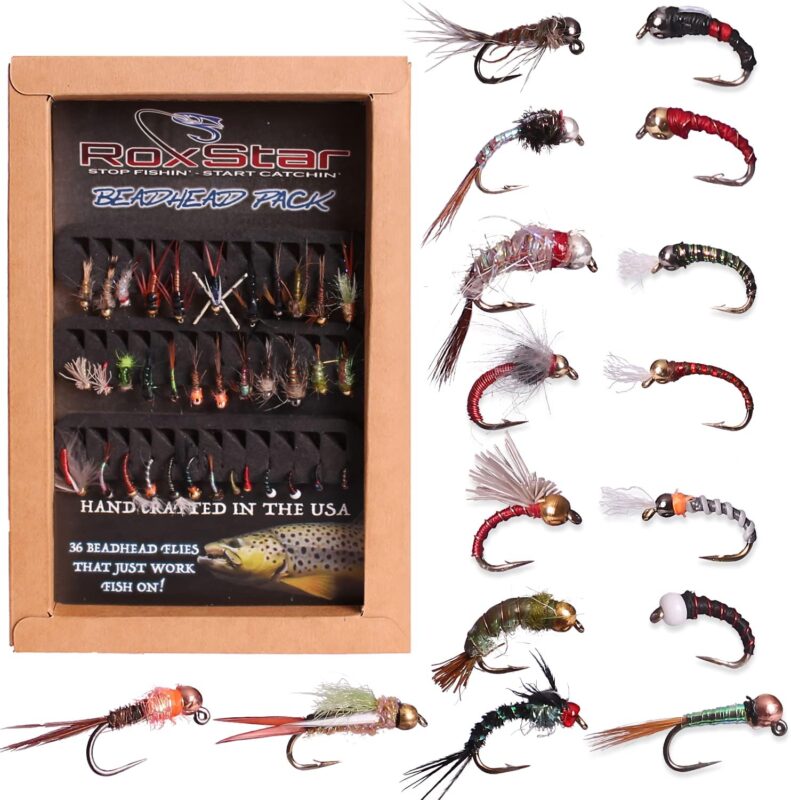 RoxStar Fishing Fly Shop | 36PK BeadHead Tungsten  Brass Fly Assortment | Proudly Hand Crafted in The USA | Gift Box Included.