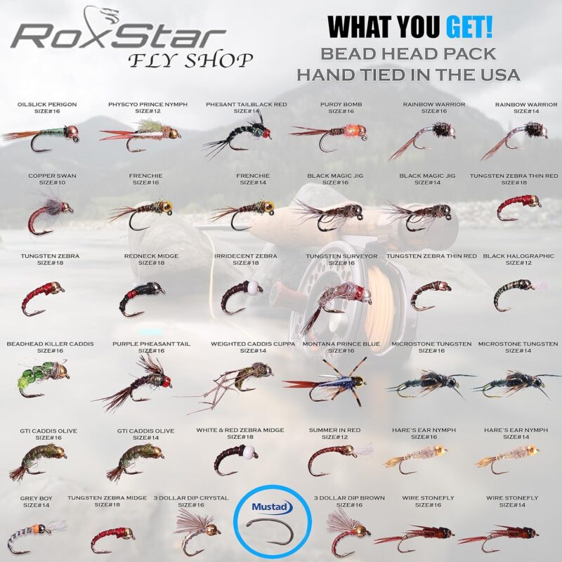 RoxStar Fishing Fly Shop | 36PK BeadHead Tungsten  Brass Fly Assortment | Proudly Hand Crafted in The USA | Gift Box Included.