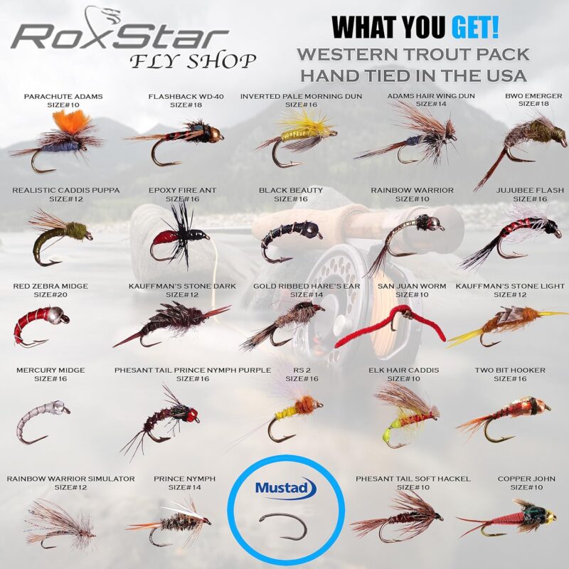 RoxStar Fly Fishing Shop | Proudly Hand Tied in The USA | Western Trout Fly Assortment | Top 24 Producing Trout Flies for The West | Gift Box Included | (24 Pack)