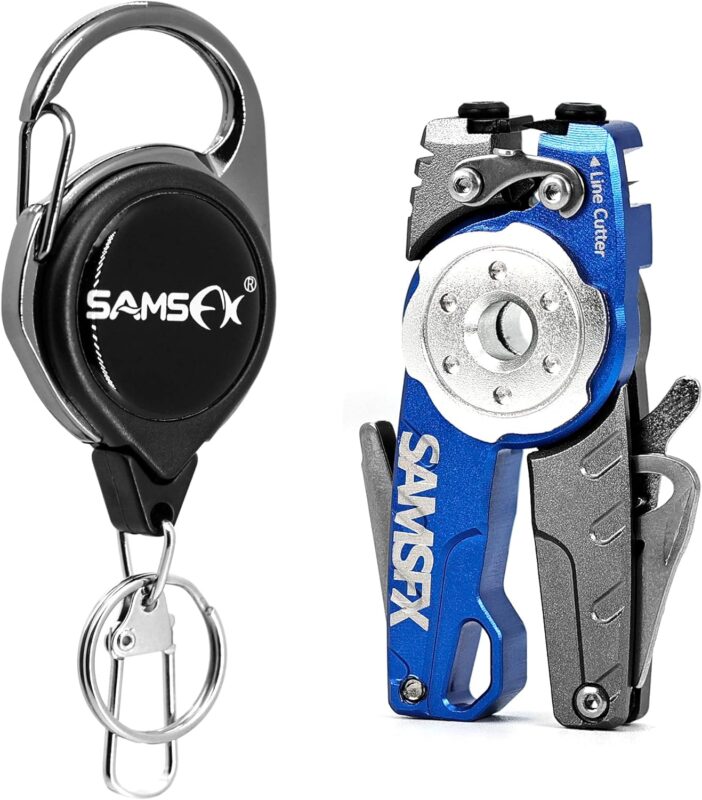 SAMSFX Fishing Tungsten Line Cutter with Zinger Retractors, Fishing Pliers Cutters, Knot Tying Tool, Hook Eye Cleaner, Hook Sharpener