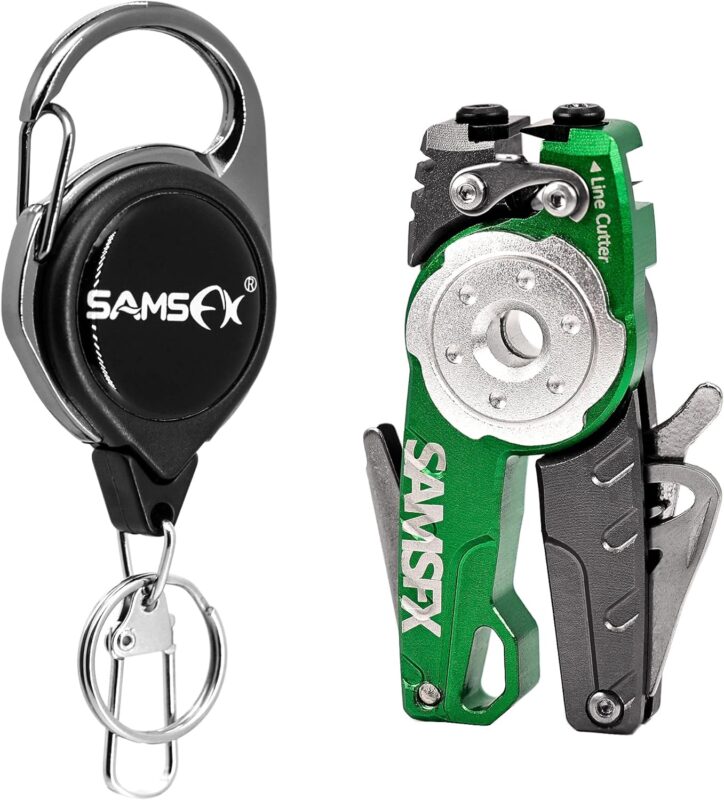 SAMSFX Fishing Tungsten Line Cutter with Zinger Retractors, Fishing Pliers Cutters, Knot Tying Tool, Hook Eye Cleaner, Hook Sharpener