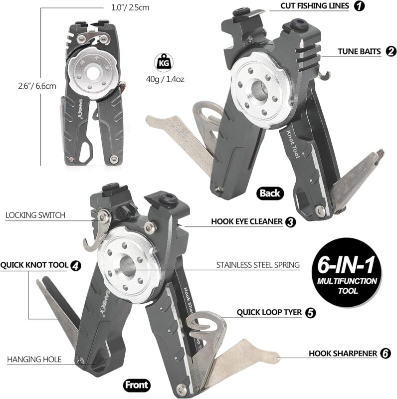 SAMSFX Fishing Tungsten Line Cutter with Zinger Retractors, Fishing Pliers Cutters, Knot Tying Tool, Hook Eye Cleaner, Hook Sharpener