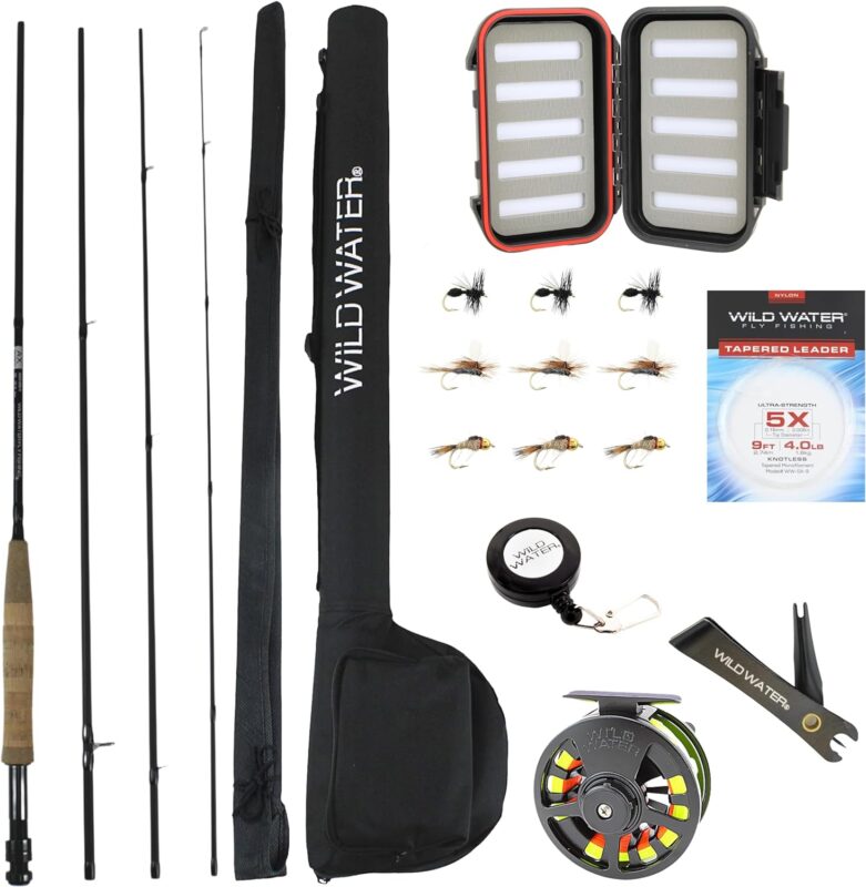 Wild Water Standard Fly Fishing Combo Starter Kit, 5 or 6 Weight 9 Foot Fly Rod, 4-Piece Graphite Rod with Cork Handle, Accessories, Die Cast Aluminum Reel, Carrying Case, Fly Box Case  Fishing Flies