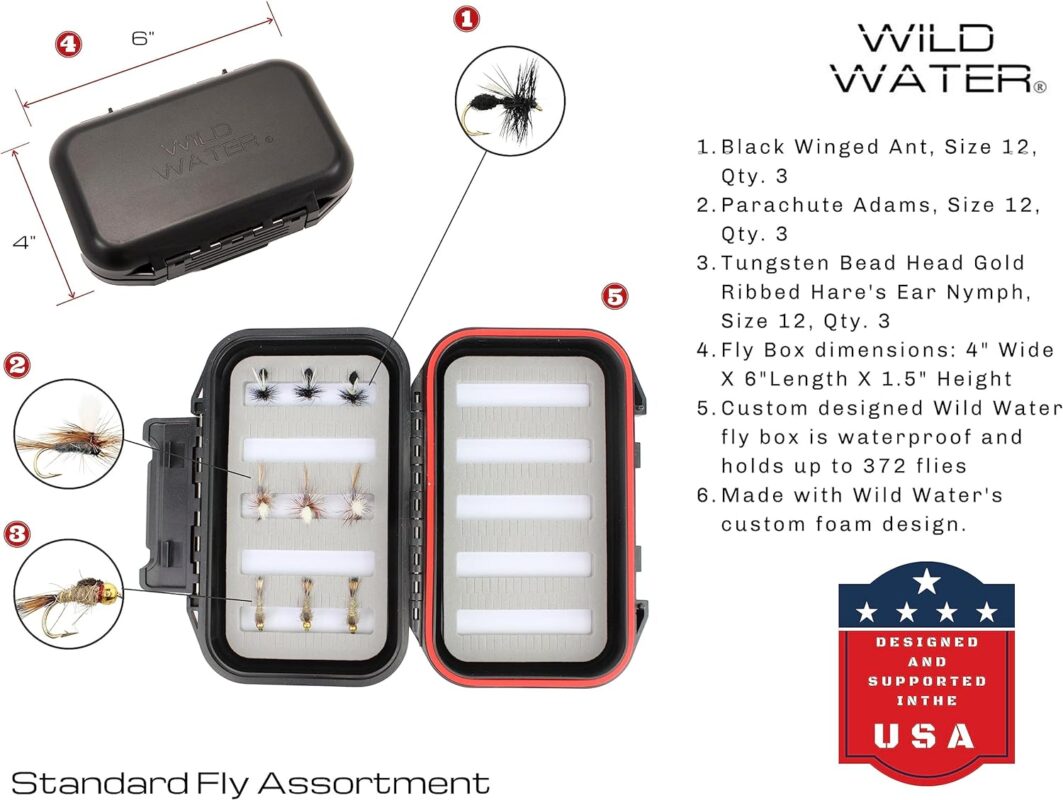 Wild Water Standard Fly Fishing Combo Starter Kit, 5 or 6 Weight 9 Foot Fly Rod, 4-Piece Graphite Rod with Cork Handle, Accessories, Die Cast Aluminum Reel, Carrying Case, Fly Box Case  Fishing Flies